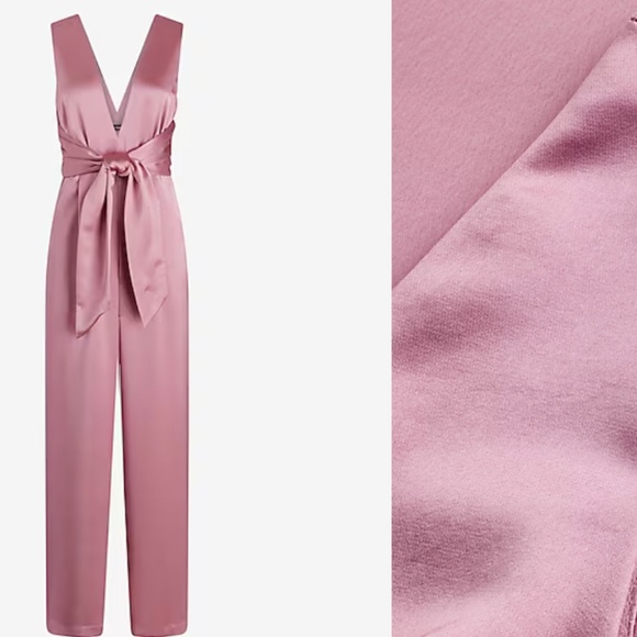 **bundled** Satin V-Neck Tie Waist Wide Leg Jumpsuit - Picture 4 of 5